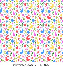 Easter pattern with bunnies, eggs and flowers. Vector illustration