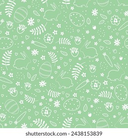Easter Pattern with Easter bunnies, eggs, flowers, carrots. Seamless Template. Happy Easter Abstract design. Vector illustration on green background