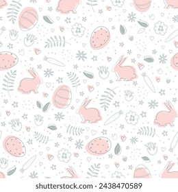 Easter Pattern with Easter bunnies, eggs, flowers, carrots. Seamless Template. Happy Easter Abstract design. Vector illustration