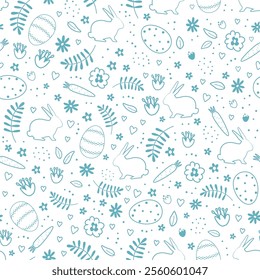 Easter Pattern with Easter Bunnies, Eggs, Flowers, Carrots. Seamless Template. Happy Easter Abstract Design. Blue and White Vector illustration