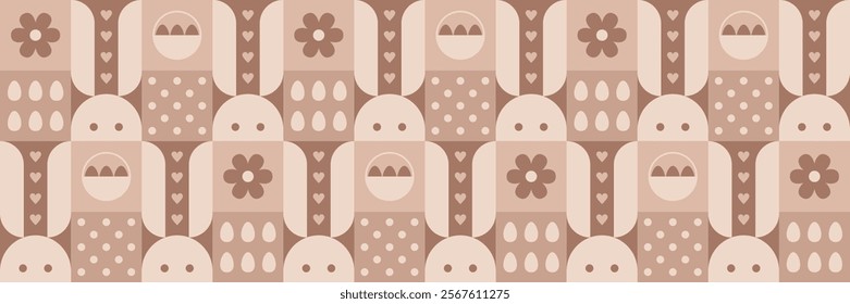 Easter pattern with bunnies, eggs and flowers. Geometric poster with rabbits and eggs in baskets. Abstract seamless pattern with cute bunnies and plants for Easter card or banner, vector illustration