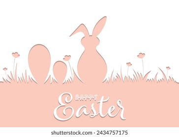 Easter pattern with bunnies and easter eggs. Hand drawn easter horizontal background with bunnies, flowers, easter eggs.