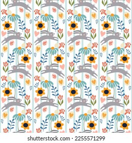 Easter pattern with bunnies, easter eggs, simple flowers and lines. Vector seamless cartoon texture on light blue background. For fabric, textile prints, wallpaper, wrapping paper, scrapbook paper.