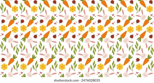 Ostermuster mit Häschen und Blüten im niedlichen, handgezeichneten Vektorgrafik-Stil. Ideal für Textilien, Verpackungen und dekoratives Design.