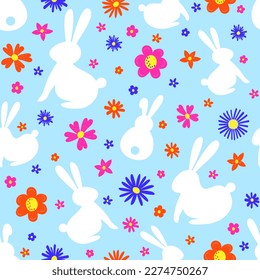 Easter pattern with bunnies and flowers. Vector illustration