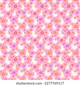 Easter pattern with bunnies and flowers. Vector illustration