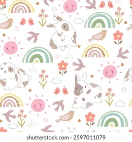 Easter pattern with bunnies, pink sun, flowers and rainbows, seamless pattern. Vector illustration for Easter.