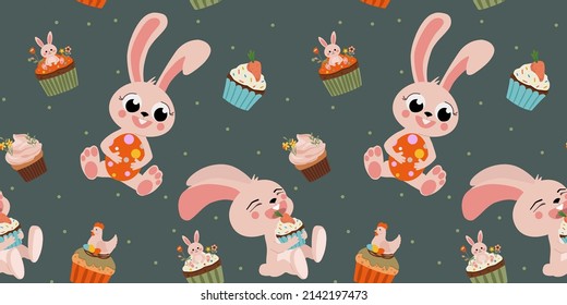 Easter pattern with bunnies and sweets. Vector seamless texture.