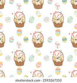 Easter Pattern with Bunny in a Basket and Decorated Eggs. Cute Digital Paper for Scrapbooking, Stickers, and Wrapping Paper