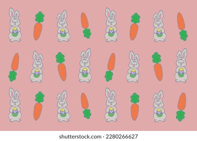 Easter pattern. Bunny and carrot pattern. Easter Bunny. Pattern for children's clothing. Cute bunny drawing. Cheerful children's pattern.