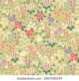 Easter pattern, bunny, chicken, flower, floral, spring, field, blossom, grass, background, texture, fabric, print, meadow, green, pink, purple, white.