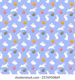 Easter pattern. Easter bunny and colorful eggs. Blue background. Seamless illustration. Vector illustration