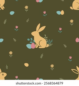 Easter pattern with bunny, Easter eggs and flowers
