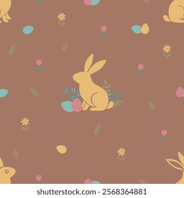 Easter pattern with bunny, Easter eggs and flowers