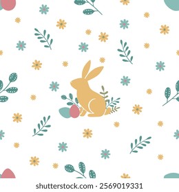 Easter pattern with bunny, Easter eggs, green twigs and flowers