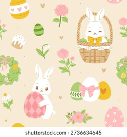 Easter pattern with bunny and flower. Vintage easter seamless vector print.