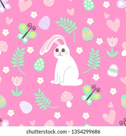 Easter pattern with bunny, flowers, eggs. Perfect for design, decoration, postcard, wrapping paper, wallpaper or background