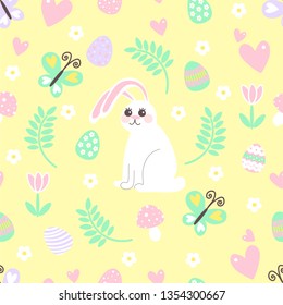 Easter pattern with bunny, flowers, eggs. Perfect for design, decoration, postcard, wrapping paper, wallpaper or background.