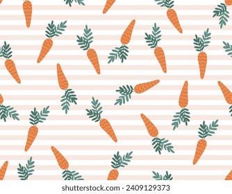 Easter pattern  Carote, rabbit bunny, Stripe. Vector Seamless spring seamless background  Baby rabbit animals , Design for fashion , fabric, textile, wallpaper , wrapping and all prints 