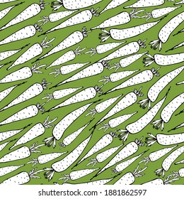 Easter pattern with carrots. Decorative carrots of various shapes. Happy Easter. Hand-drawn ink graphics. Coloring book for children and adults. for wallpaper, textiles, design, packaging, paper. 