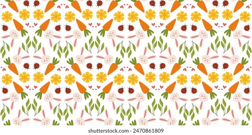 Easter pattern with carrots and ladybug in a hand drawn vector style. Perfect for children products, textiles, packaging, and decorative elements.