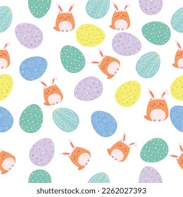 Easter pattern with cats with bunny ears and colorful eggs on wh