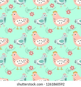 Easter pattern with chicken and flowers on a light green background. For textiles, fabric, wrapping paper, postcards, decoration, background.