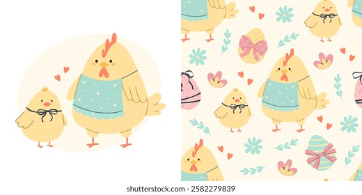 Easter pattern with chicken, little chick and eggs