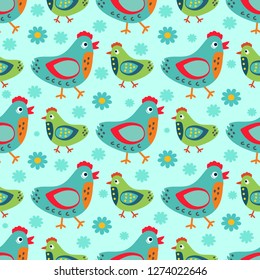 Easter pattern with chicken on blue background. For textiles, Easter, fabric, Wallpaper, packaging paper 03. 