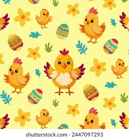 easter pattern with chicks, eggs, yellow flowers and grass