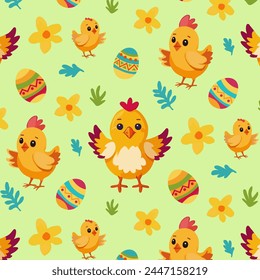 easter pattern with chicks, eggs, yellow flowers and grass
