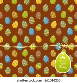 Easter pattern with colorful different eggs and egg label. Vector background for your design