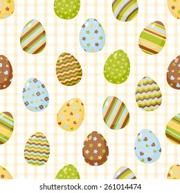 Easter pattern with colorful different eggs. Vector background for your design