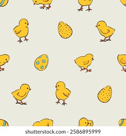 Easter pattern with cute baby chicks and eggs. Vector holiday print