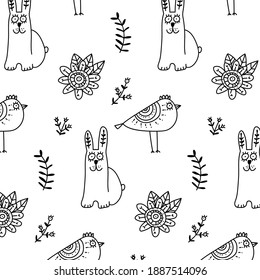 Easter pattern with cute bunnies and birds in the forest on a white background. Vector forest background for children.