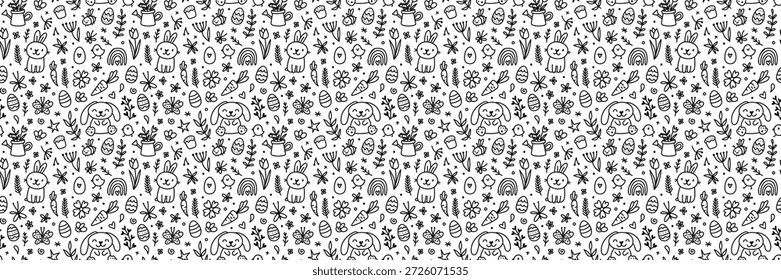 Ostermuster mit süßen Hasen, dekorierten Eiern und Frühlingsblumen. Nahtlose Hintergrundgrafik, perfekt für Weihnachtskarten, Tapeten oder festliche Textildesigns.