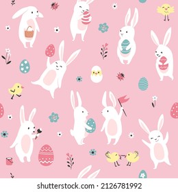 Easter pattern with cute bunnies, spring seamless background. Vector illustration.