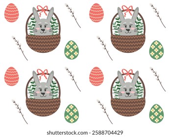 Easter pattern with cute bunny in basket and painted eggs. Vector illustration of seamless pattern for Easter background, textile wrapping paper