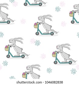 Easter pattern with cute bunny riding a scooter. Vector holiday background.