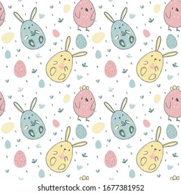 Easter pattern.  Cute rabbits, chickens and decorated eggs.  Pattern for design, textile, wallpaper.