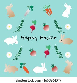 Easter pattern with cute rabbits,daisy and vegetable,vector illustration.