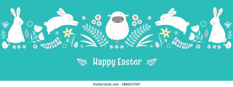 Easter pattern. Cute Springtime holiday border design of bunnies and flowers, vector banner illustration.