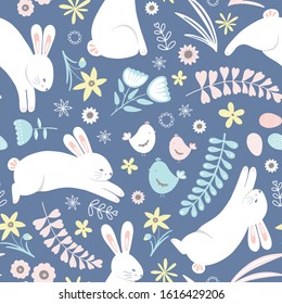 Easter pattern. Cute vector bunny floral seamless repeat design background.