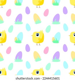 Easter pattern. Cute yellow chicken and colourful eggs. Decor, fabric, textile,packaging, invitation. Banner, brochure, poster, card. Vector illustration.