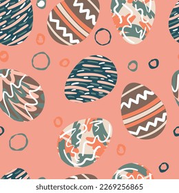  Easter pattern with decorated eggs and additional elements. Vector seamless pattern. For textiles, backgrounds, flyers.
