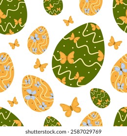 Easter pattern with decorated eggs, butterflies and wavy lines in green and gold tone on white background. Harmonious vector illustration in Easter Holiday Spirit style. For gift paper, prints.