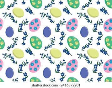 Easter pattern with decorated eggs. Easter colorful eggs with flowers