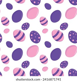 Easter pattern with decorated eggs. Easter eggs purple and pink