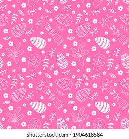 Easter pattern with decorated eggs, rabbit, carrot, flowers and branches in doodle style on pink background. Scrapbook paper, wrapping paper, fabric, textile designs.
