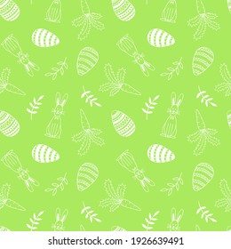 Easter pattern with decorated eggs and rabbit and carrot in doodle style on green background. Scrapbook paper, wrapping paper, fabric, textile designs.